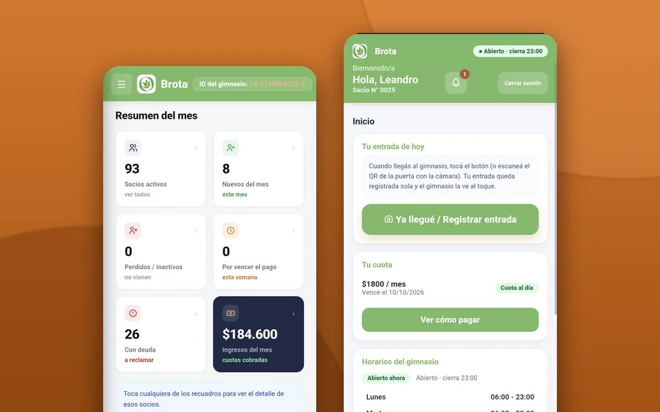 Pantallas de Gym para Todos: el resumen del mes para el dueño y la app del socio con su entrada y su cuota